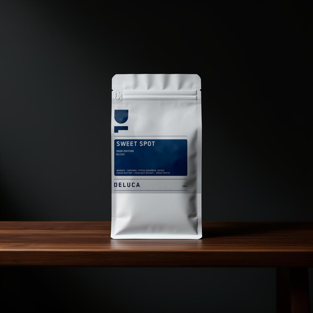 Deluca Coffee whole bean bag with fresh roasted beans on a dark timber bench